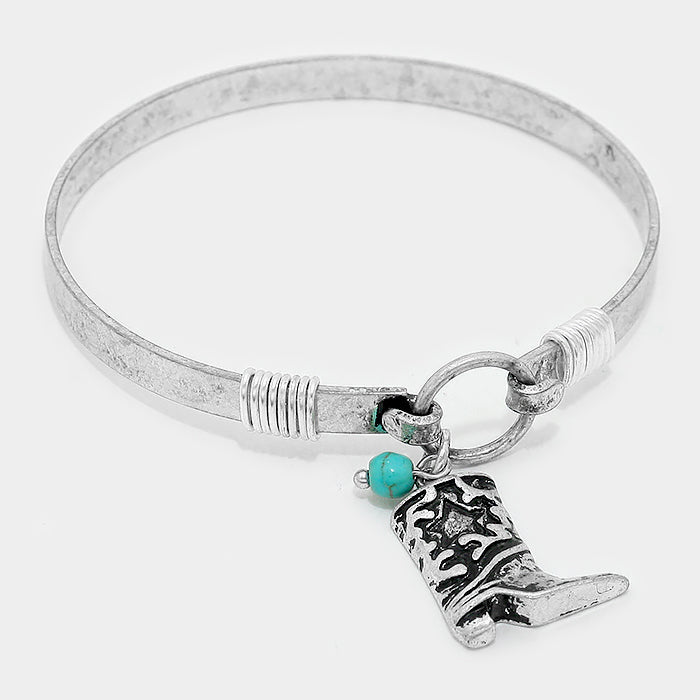 Western 7" silver hook style bangle boot bracelet with turquoise bead