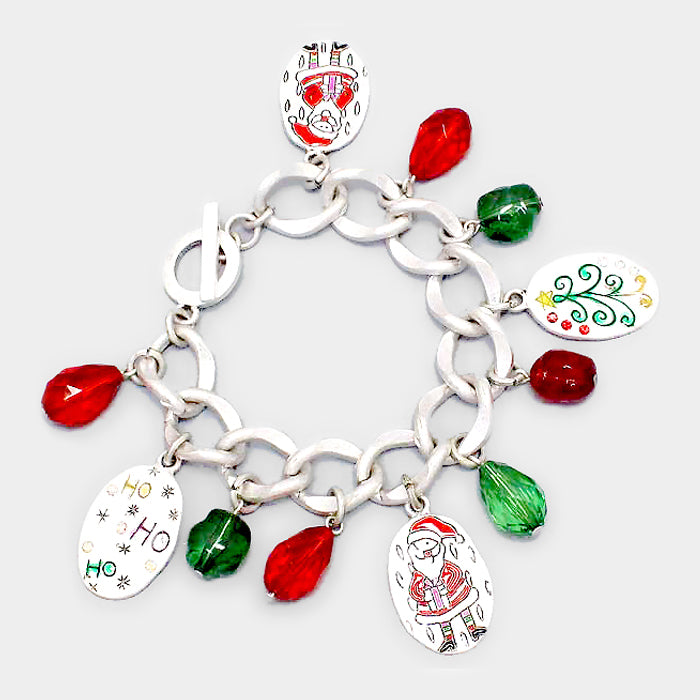 Antique 7" silver chain, red & green bead Santa charm bracelet