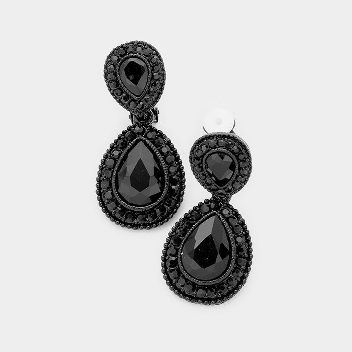Clip on 1 1/2" black stone dangling double teardrop earrings