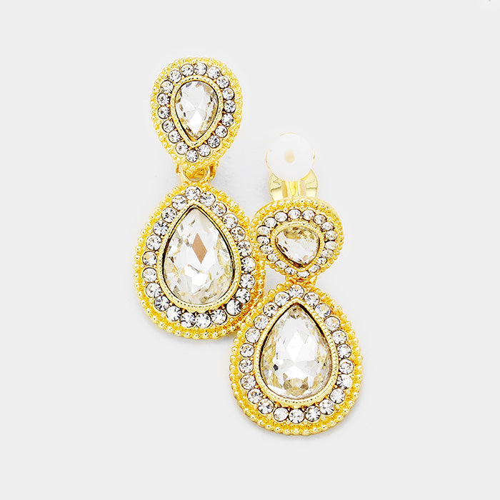 Classy 1 3/4" clip on gold double teardrop clear stone earrings