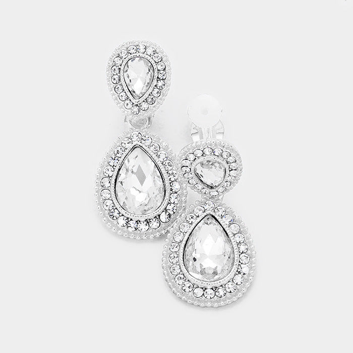 Clip on 1 3/4" silver double clear stone dangle teardrop earrings