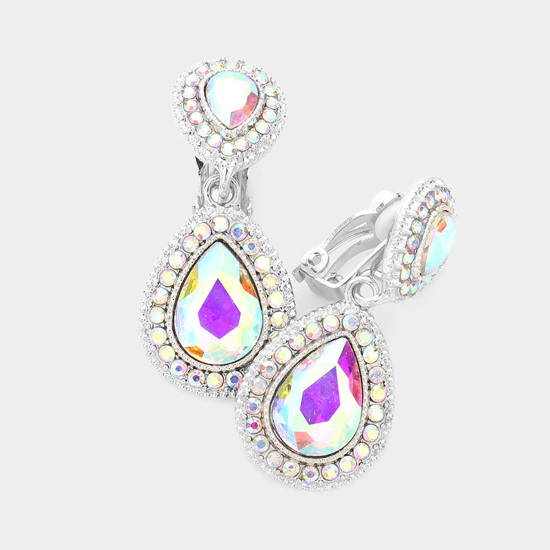 Clip on 1 3/4" silver double teardrop fluorescent stone earrings