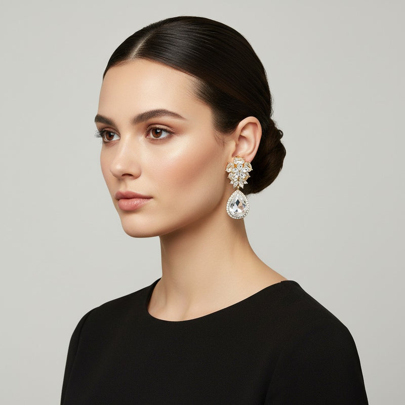 Clip on 2" silver and purple stone flower & teardrop dangle earrings