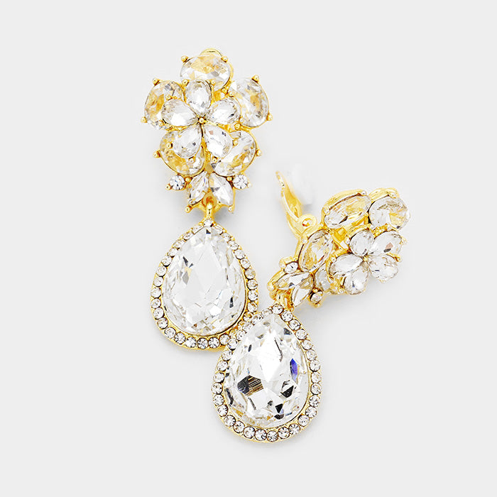 Classy 2" clip on gold & clear stone flower and teardrop dangle earrings