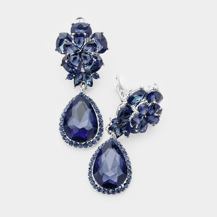 Clip on 2 1/4" silver and blue stone flower and teardrop earrings