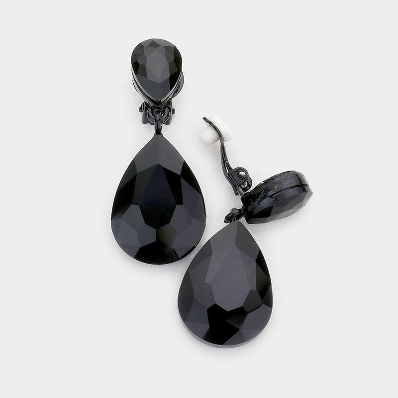 Clip on 1 3/4" black stone double teardrop dangle earrings