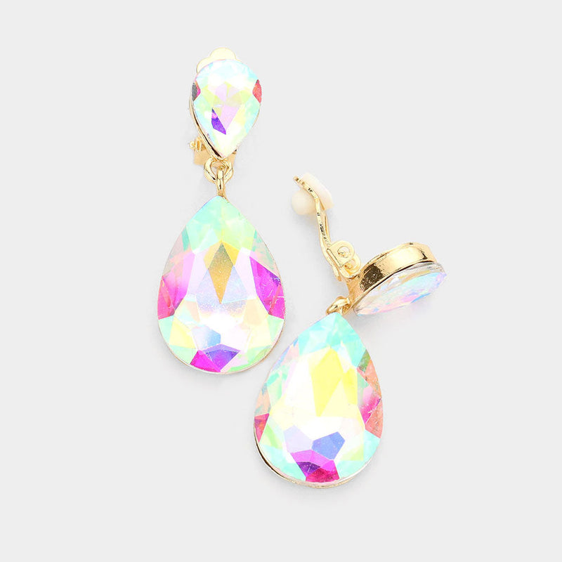 Clip on 1 3/4" gold and fluorescent stone double teardrop dangle earrings