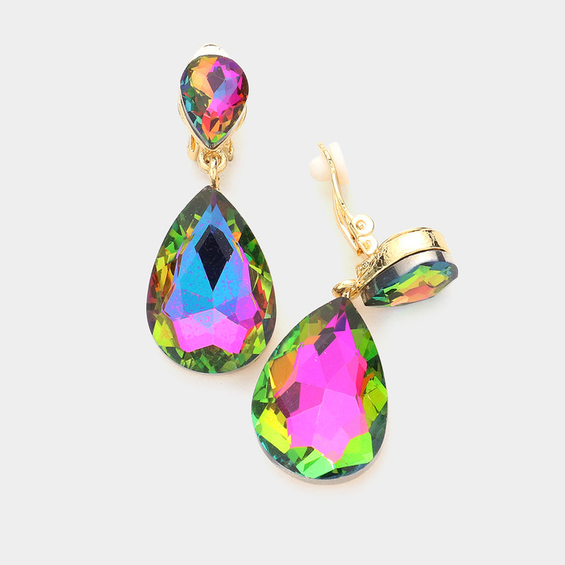 Clip on 1 3/4" gold and green fluorescent stone double teardrop dangle earrings