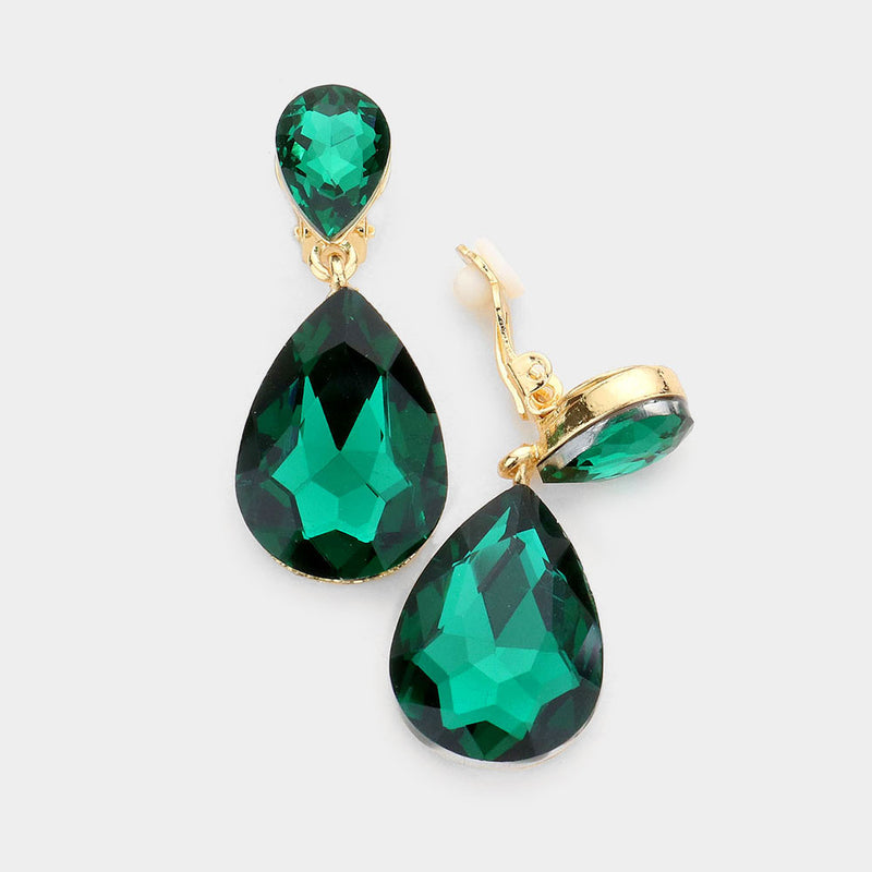 Clip on 1 3/4" gold and green stone double teardrop dangle earrings