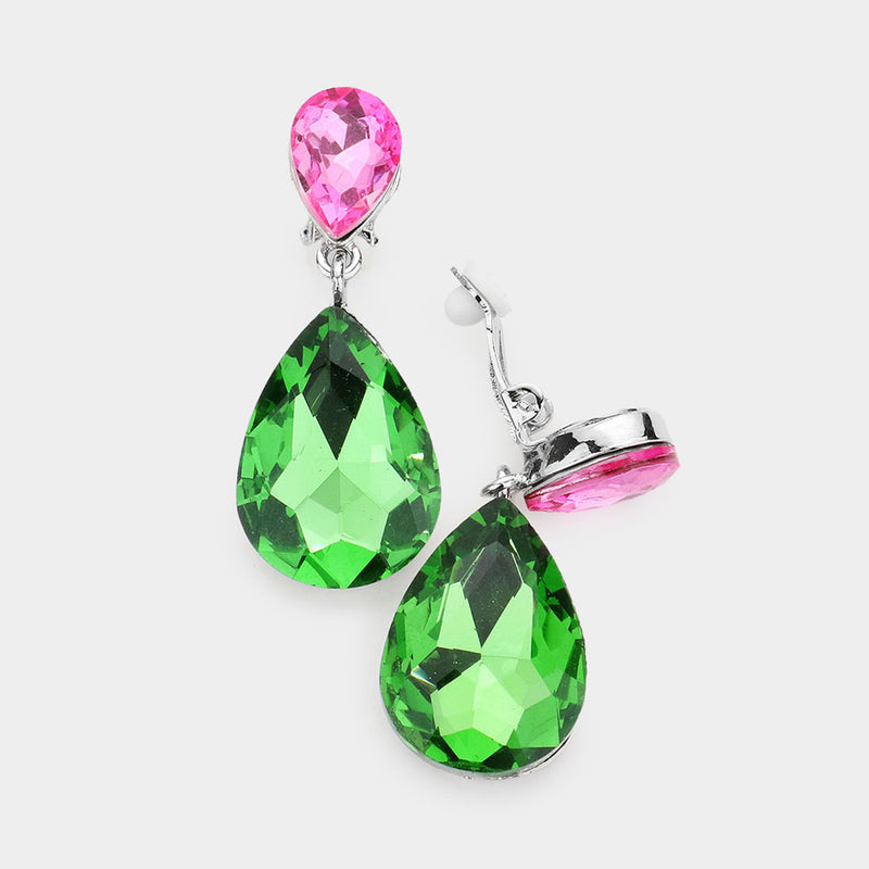 Clip on 1 3/4" silver, green and pink stone double teardrop dangle earrings
