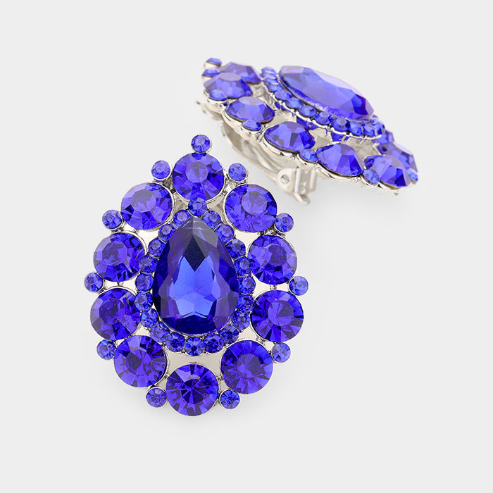 Beautiful 1 3/4" clip on silver and blue stone teardrop earrings
