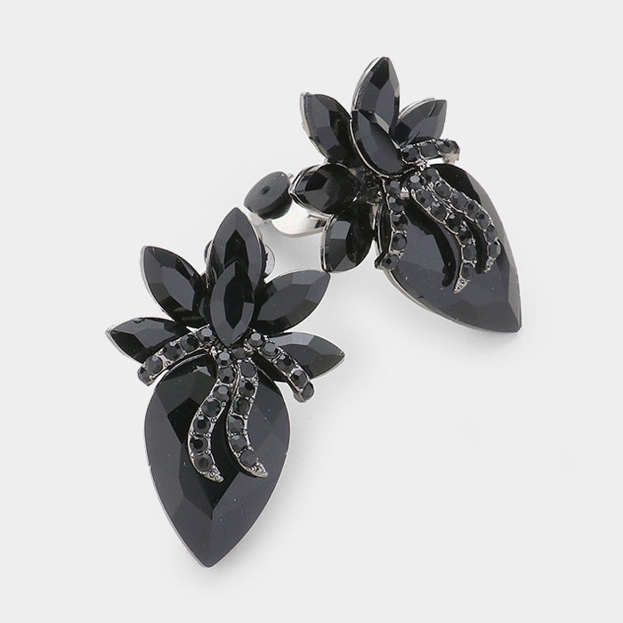 Classy 2" clip on black stone flower button style earrings
