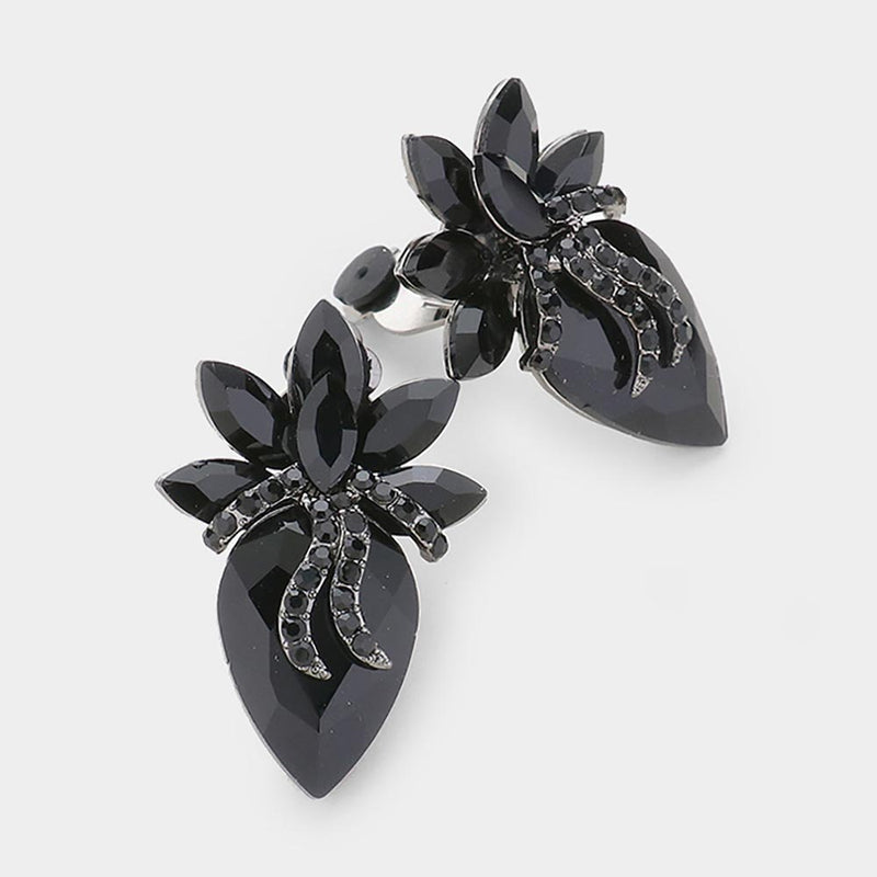 Classy 2" clip on black stone flower button style earrings