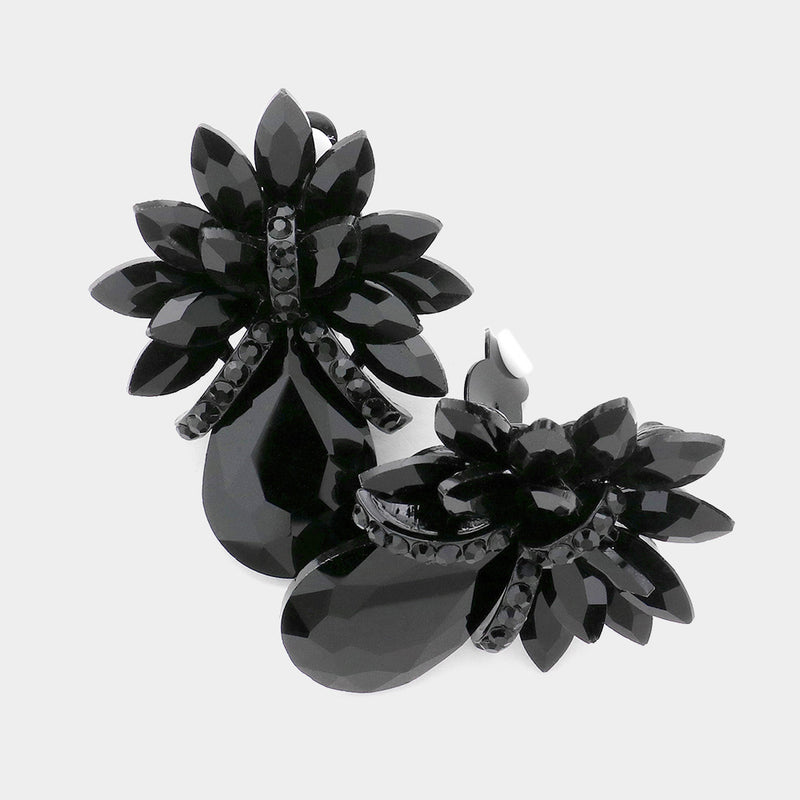 Classy clip on XL 2 1/4" black stone pointed flower button style earrings