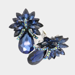 Classy clip on XL blue & fluorescent stone pointed flower button style earrings
