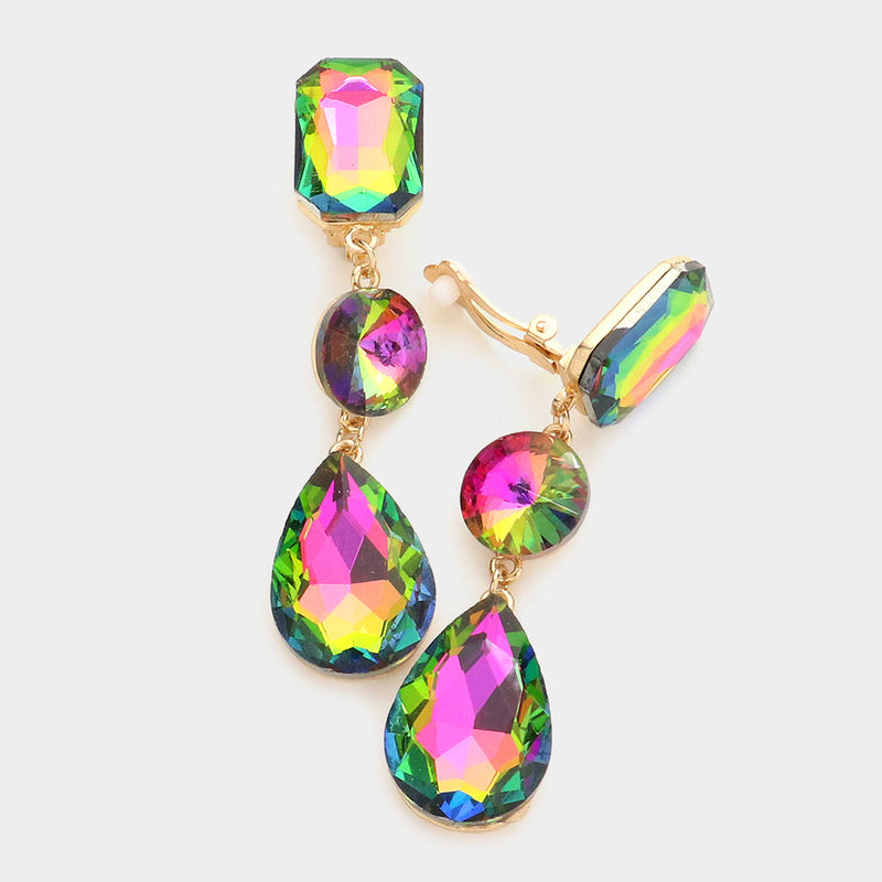 Clip on 3 1/4" dangling green multi colored three stone earrings