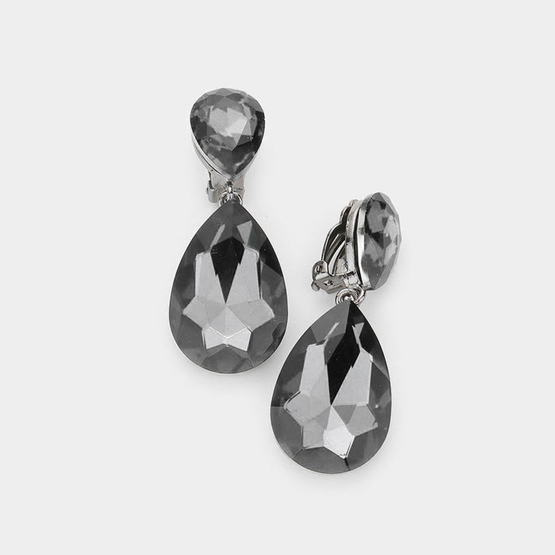 Clip on 1 3/4" gunmetal and gray stone double teardrop dangle earrings