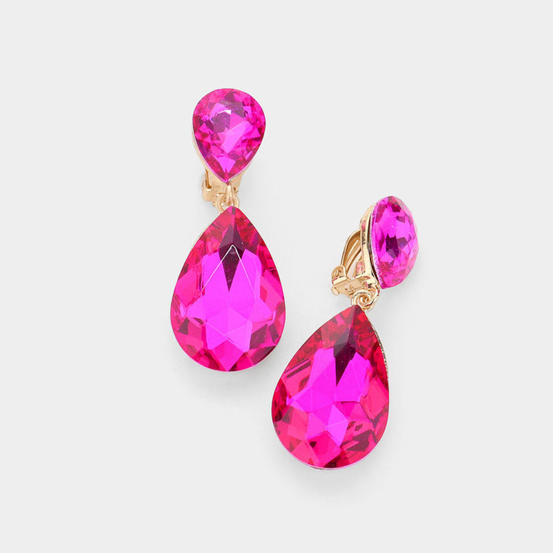 Clip on 2" gold, pink, purple stone double teardrop earrings