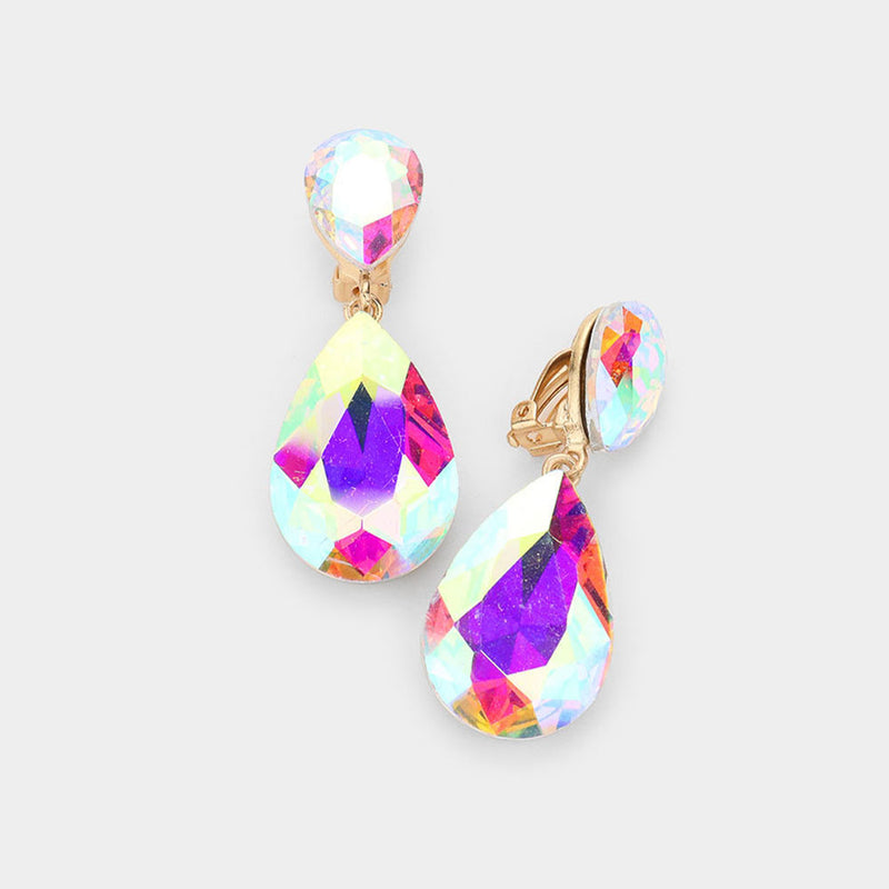 Clip on 2" gold & white fluorescent stone double teardrop earrings
