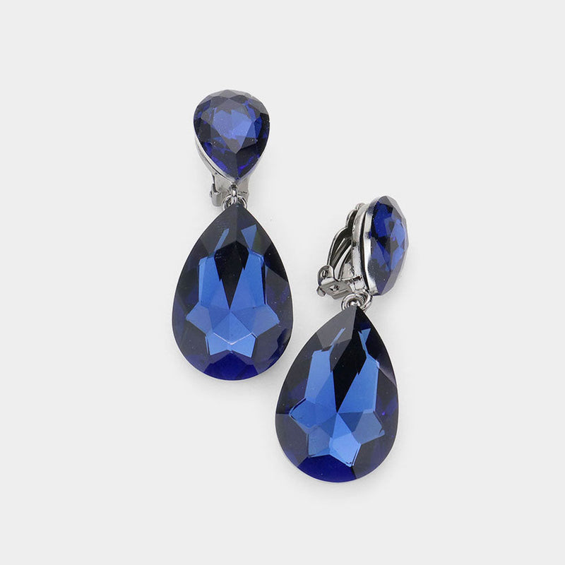 Clip on 1 3/4" navy blue double teardrop stone dangle earrings