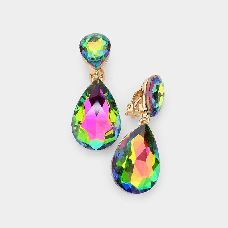 Clip on 2" gold & green multi colored stone double teardrop earrings