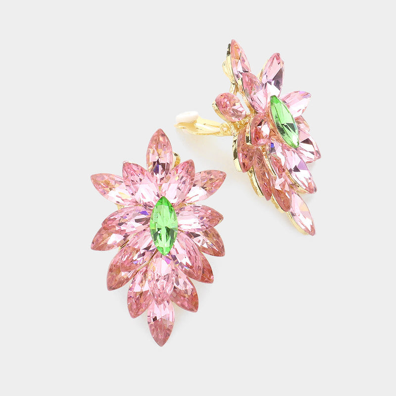 Beautiful clip on 2 1/4" clip on XL gold, pink, green stone earrings