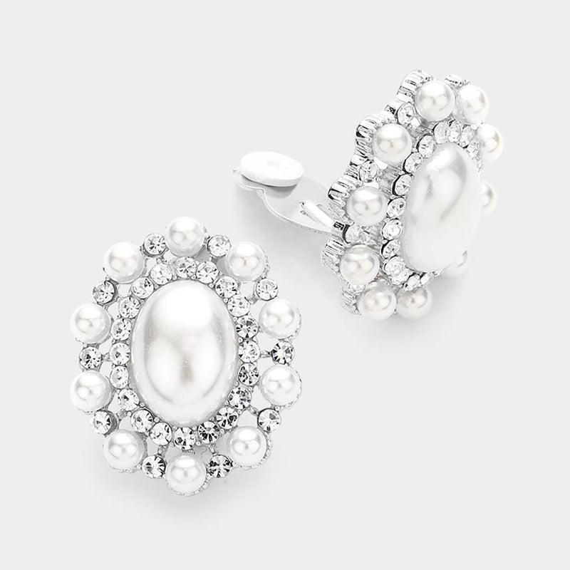 Classy 1 1/2" clip on silver, pearl and clear stone oval earrings