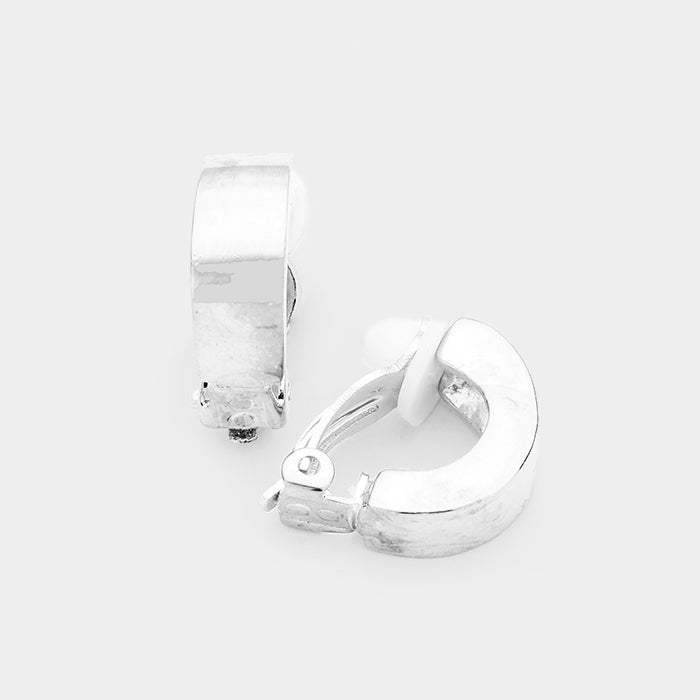 Clip on 3/4" small silver square cut half hoop earrings