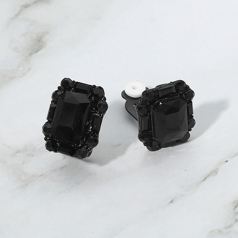 Clip on 1" black stone square button style earrings