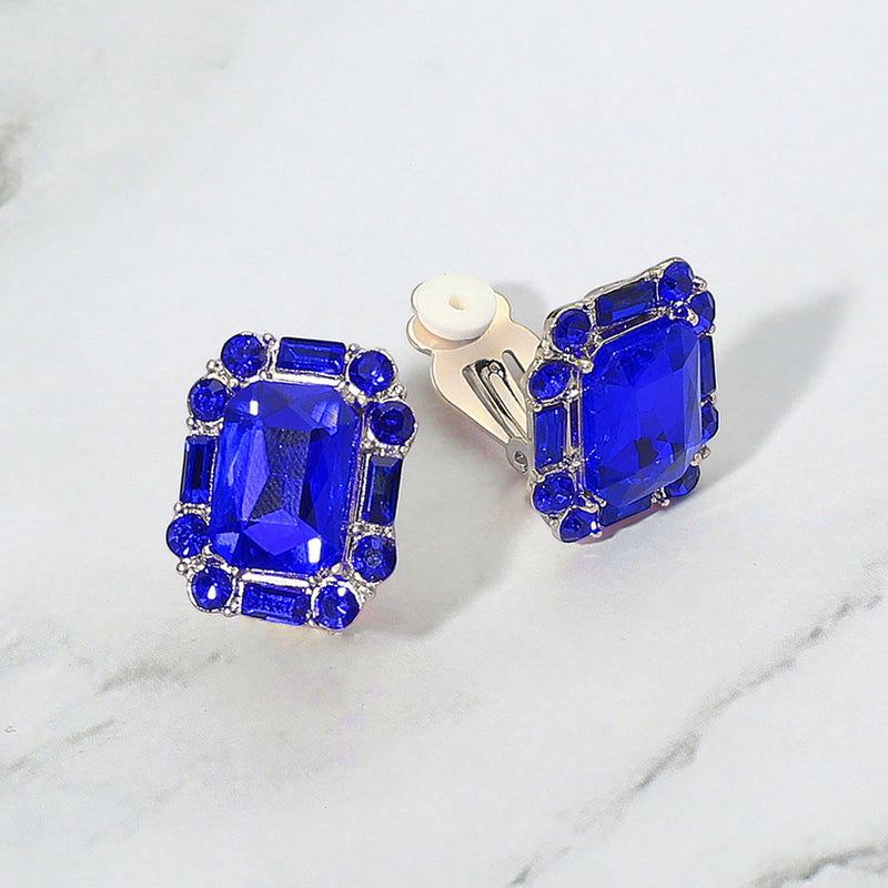 Clip on 1" gold and blue stone square button style earrings