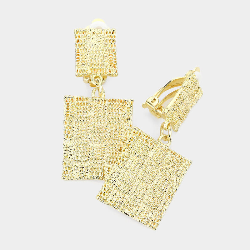 Clip on 2" gold woven print double square dangle earrings