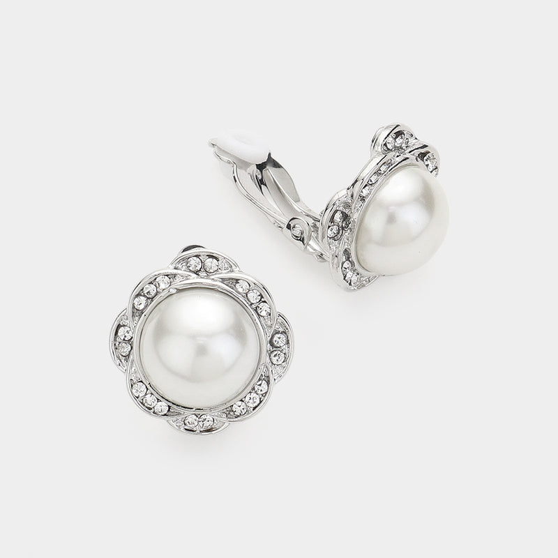 Clip on 3/4" silver and white pearl scallop edge earrings