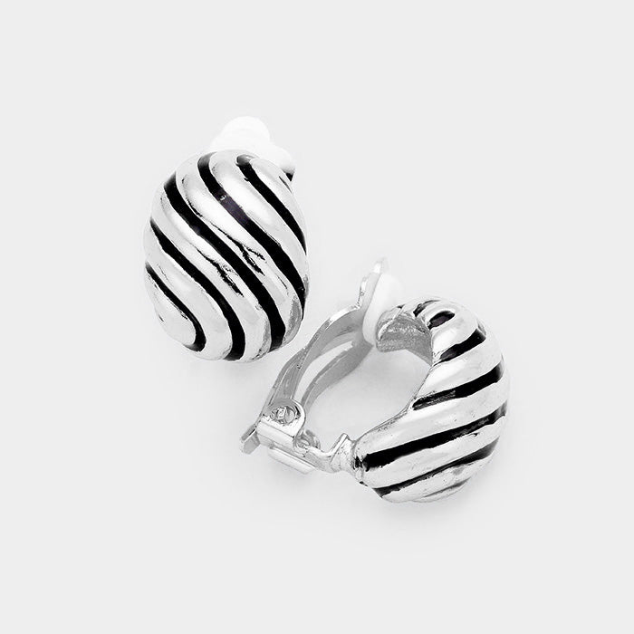 Clip on 1/2" silver and black indented scoop style earrings