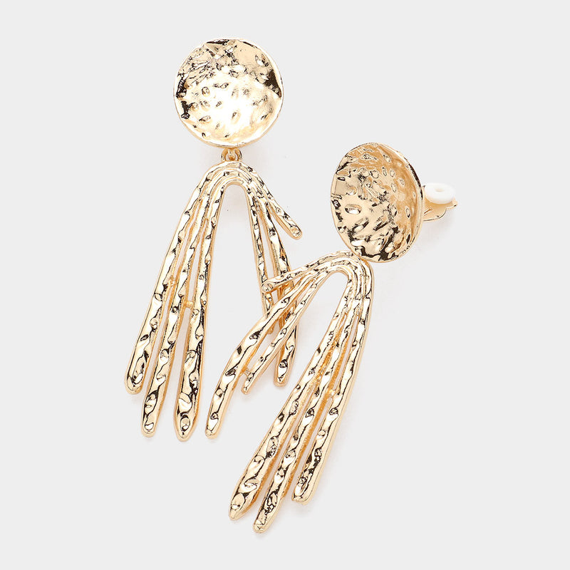 Trendy 3 1/2" Xlarge clip on gold pinhole bent circle and dangle stick earrings