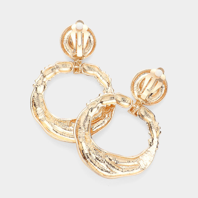 Clip on 2 3/4" Xlarge gold rope print indented dangle door knob hoop earrings