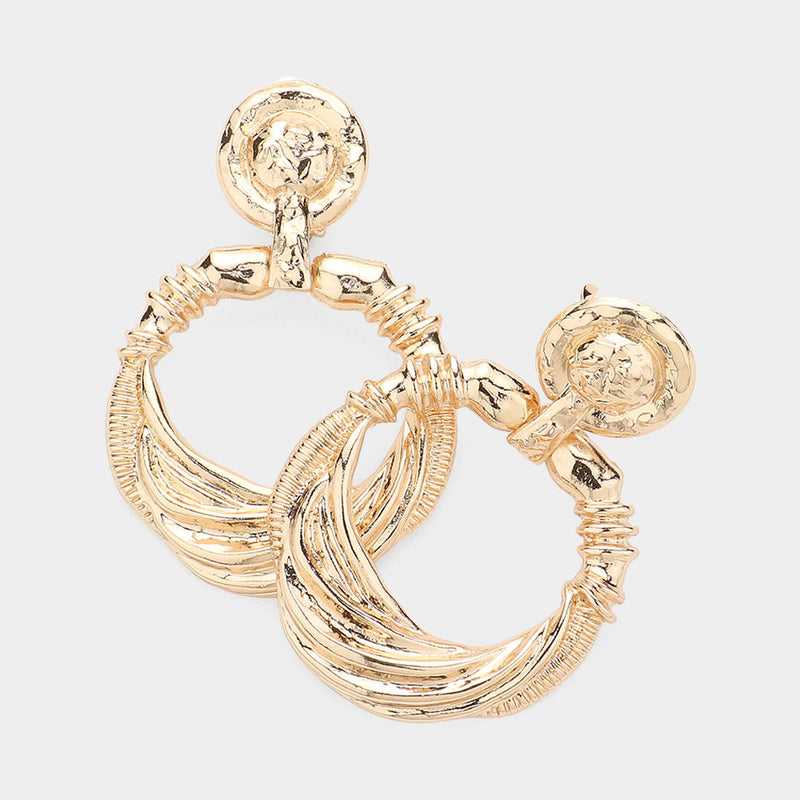 Clip on 2 3/4" Xlarge gold rope print indented dangle door knob hoop earrings