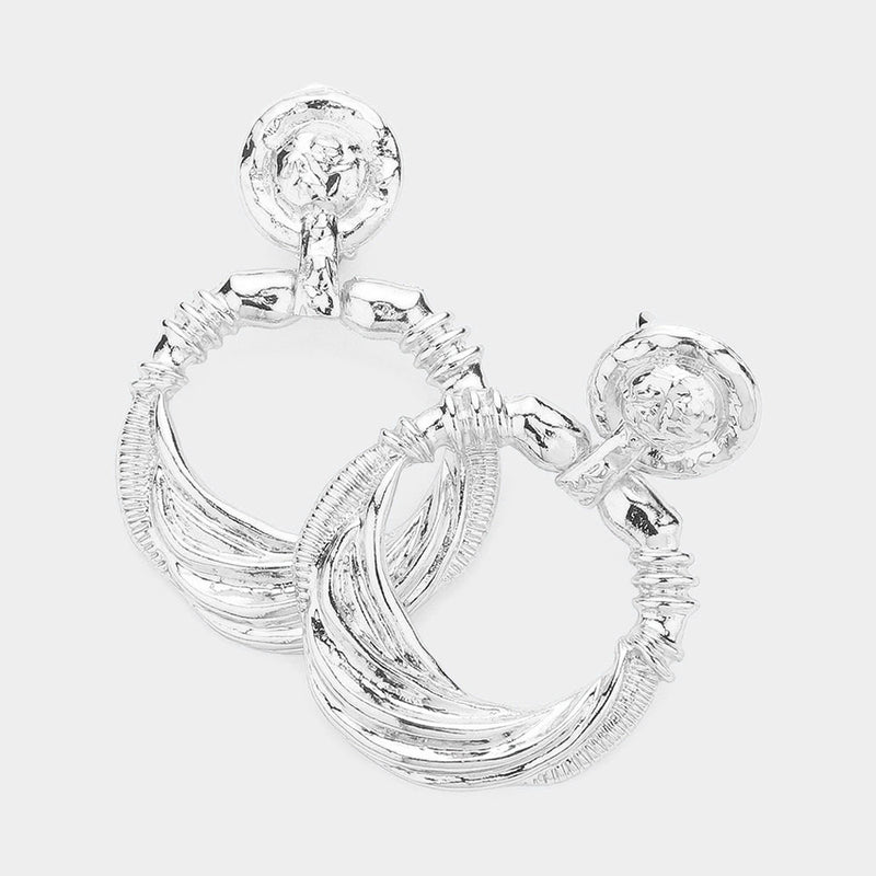 Clip on 2 3/4" Xlarge silver rope print indented dangle door knob hoop earrings