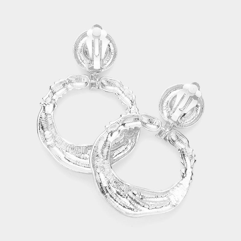Clip on 2 3/4" Xlarge silver rope print indented dangle door knob hoop earrings