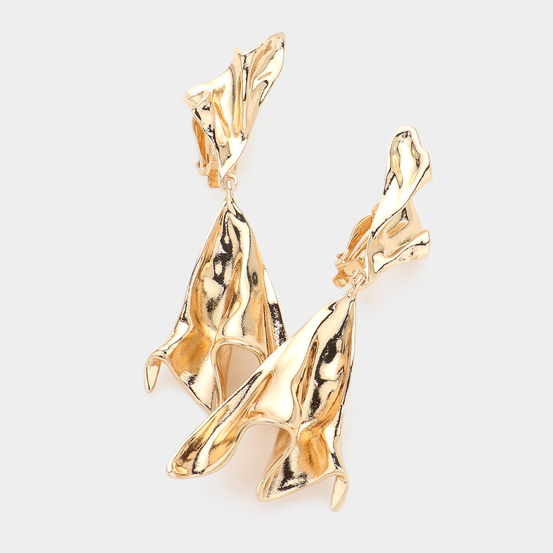 Trendy 3 3/4" Xlarge clip on shiny gold wrinkled dangle earrings