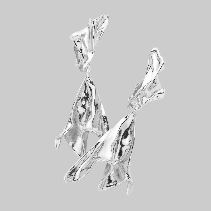 Trendy 3 3/4" XXlarge clip on shiny silver wrinkled dangle earrings