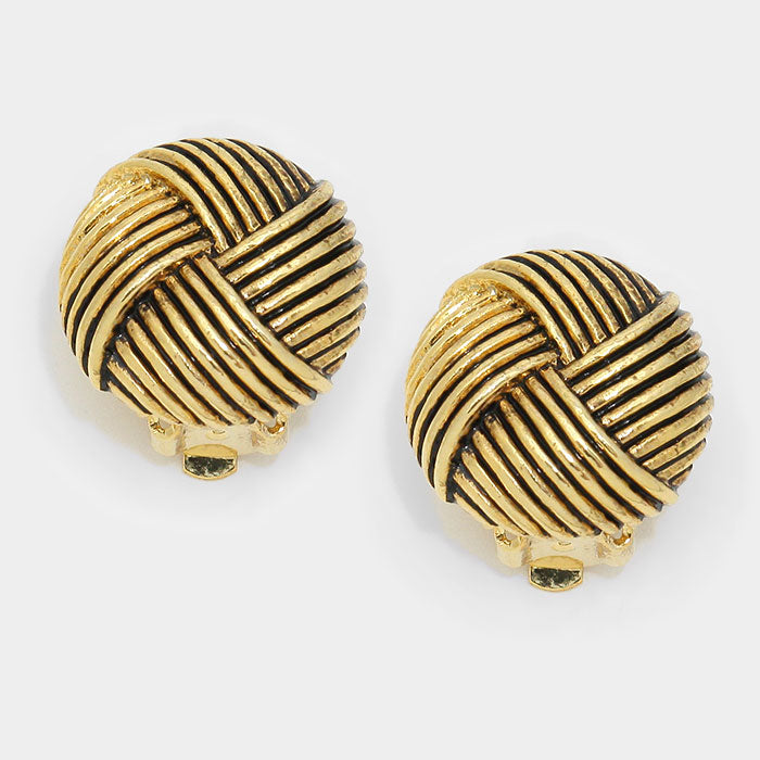 Clip on 3/4" gold textured woven button style earrings
