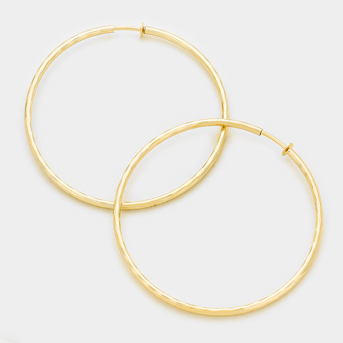 Clip on 3 1/4" gold hammered hoop earrings