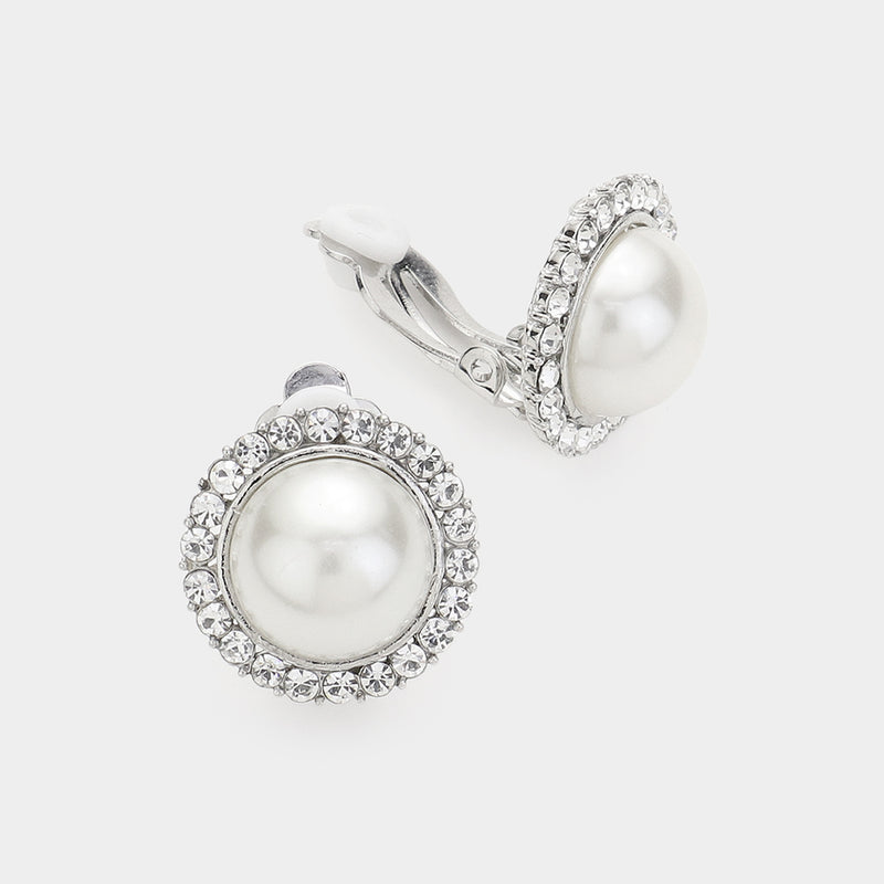 Clip on 1" silver white pearl round earrings with clear stone edges