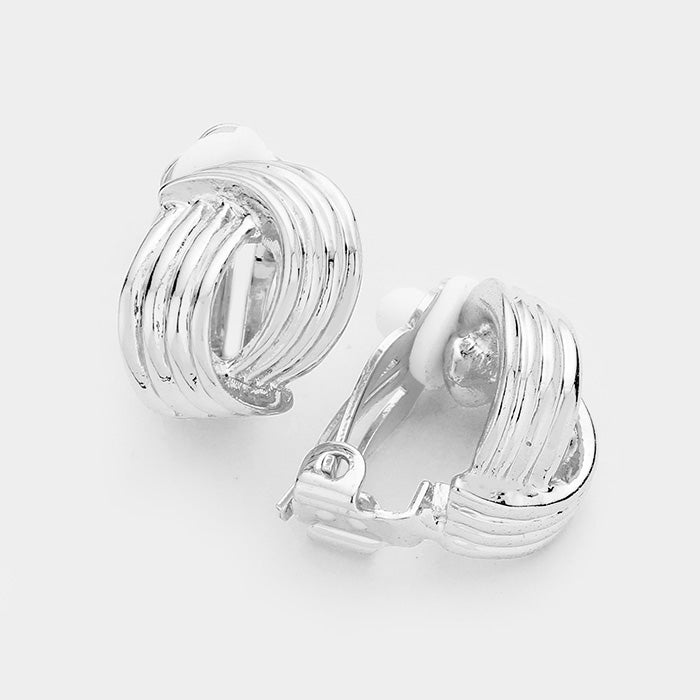 Clip on 1/2" silver indented twisted button style earrings