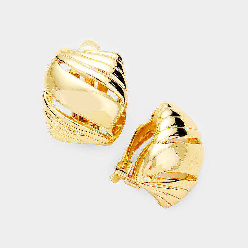Clip on 1" wide gold cutout square earrings
