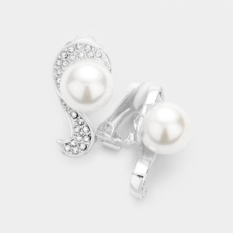 Clip on 1" silver and clear stone white pearl earrings