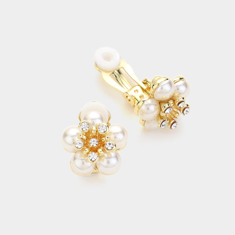 Clip on 1/2" small gold, clear stone & white pearl earrings