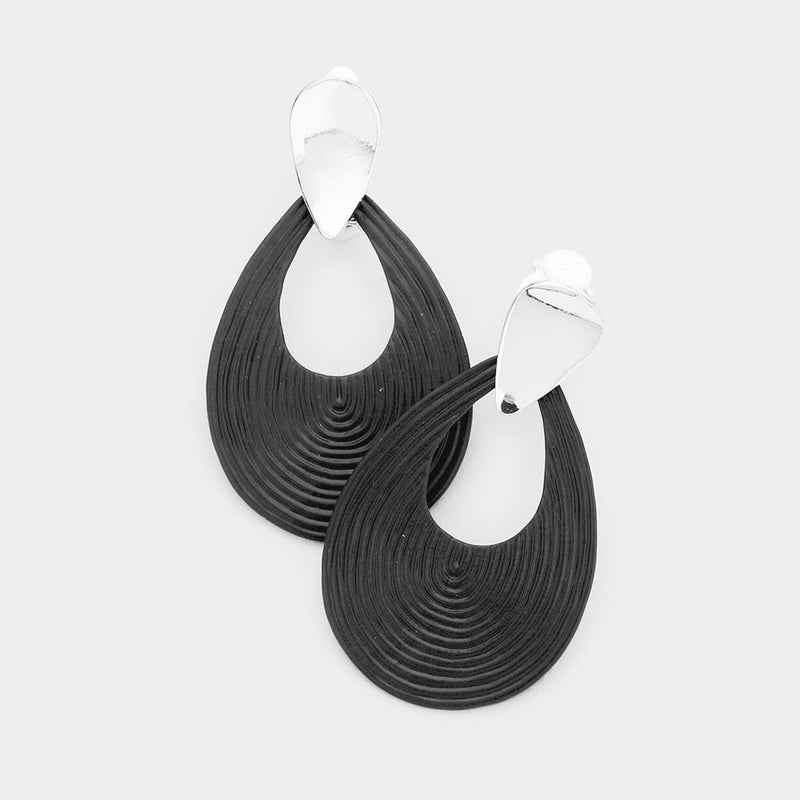 Trendy 21/2" clip on silver & black painted teardrop flat clasp earrings