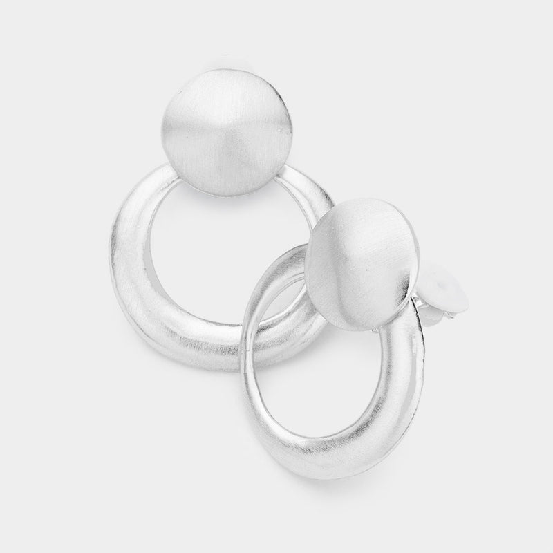 Clip on 1 1/2" matte silver dangle hoop earrings