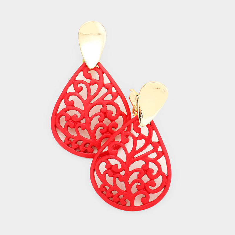 Clip on 2 1/4" shiny gold and red painted cutout flower teardrop earrings